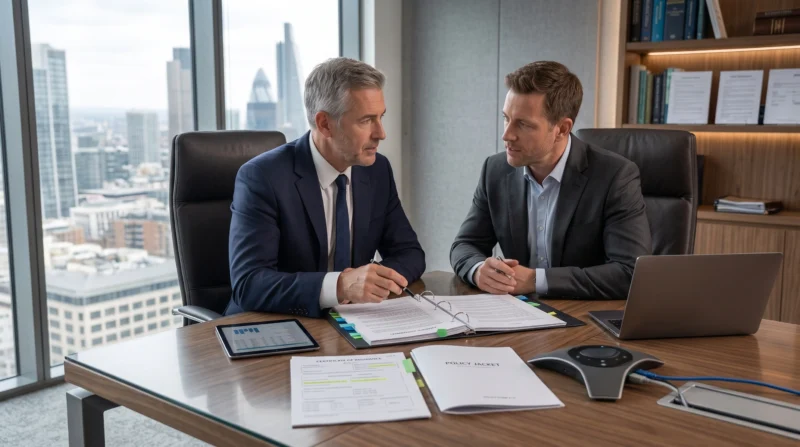 IT consulting firm owner and corporate client reviewing contract insurance requirements and Insurance for IT Consulting Firm coverage