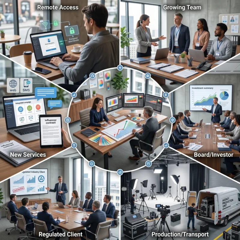 Visual representation of key growth triggers, including new services, employees, client access, investors, and production equipment affecting Insurance for Marketing Agencies.