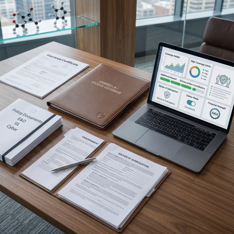 Contract Research Organization insurance compliance documents representing coverage limits, additional insured status, primary and non-contributory wording, waiver of subrogation, and insurer requirements for Contract Research Organization Insurance.