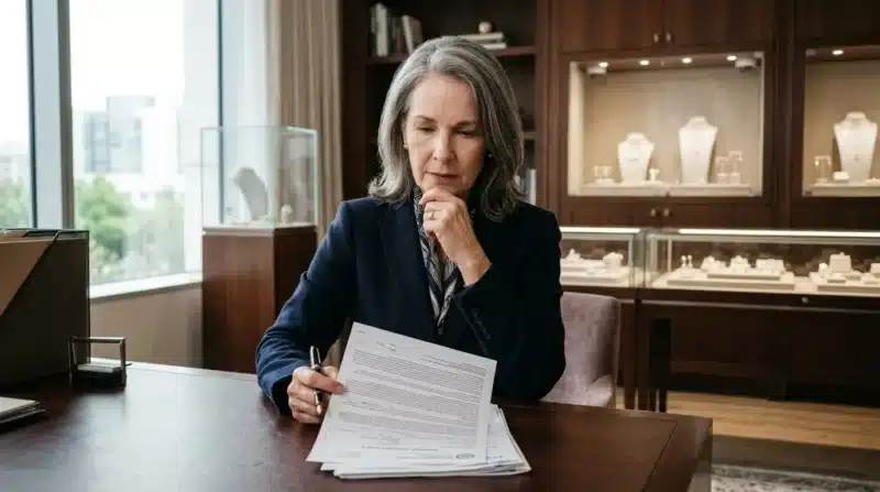 Jewelry store owner reviewing an insurance policy while valuable diamond jewelry sits in display cases, illustrating the need for Jewelers Block Insurance.