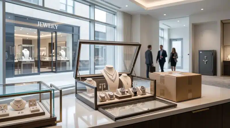 High-value jewelry displayed in a luxury store alongside shipping, second-location, trade show, and off-site storage scenarios illustrating potential Jewelry Store Insurance coverage gaps.