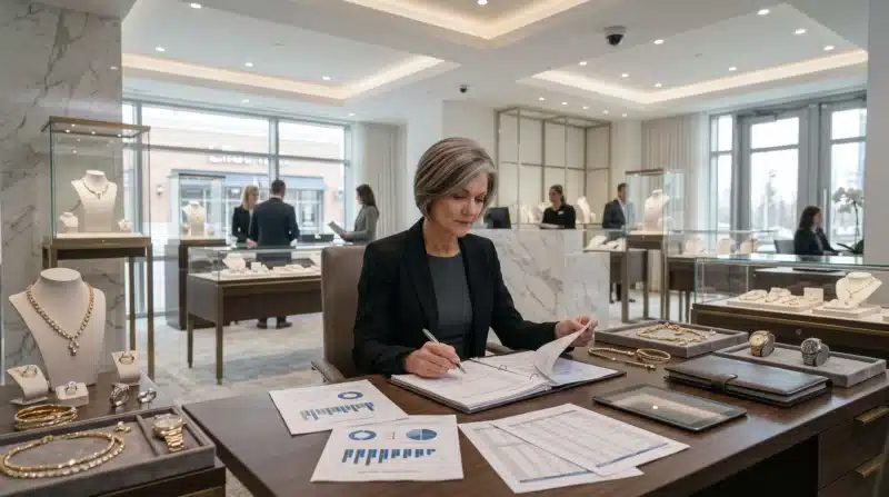 Jewelry store owner reviewing updated jewelry valuations and renewal documents while considering rising gold and diamond values for Jewelry Store Insurance.
