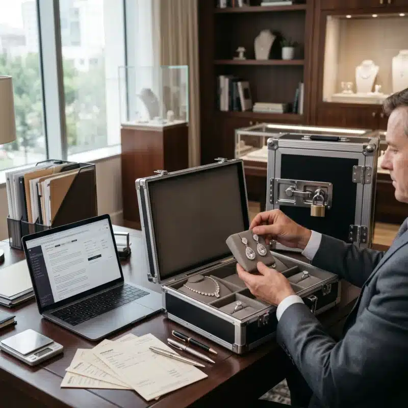 Jewelry wholesaler securely preparing valuable jewelry for shipment with inventory and memo documentation as part of Jewelers Block Insurance protection.
Title: Jewelry Store Security and Safe Requirements
