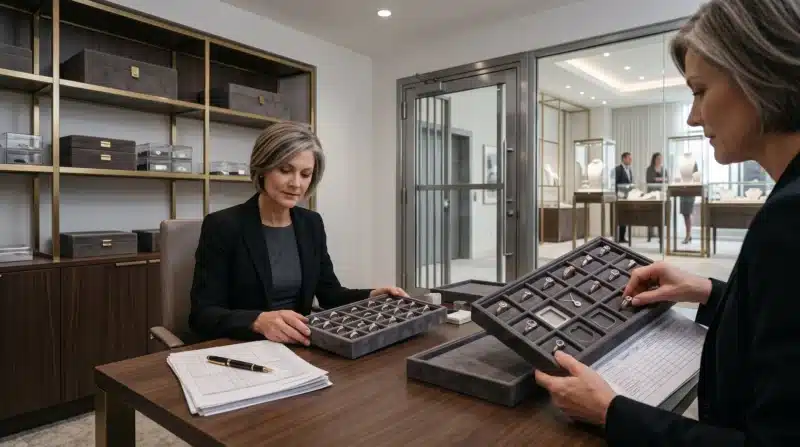 Jewelry employee conducting a physical inventory count with missing pieces visible, highlighting potential loss and coverage issues addressed by Jewelry Store Insurance.