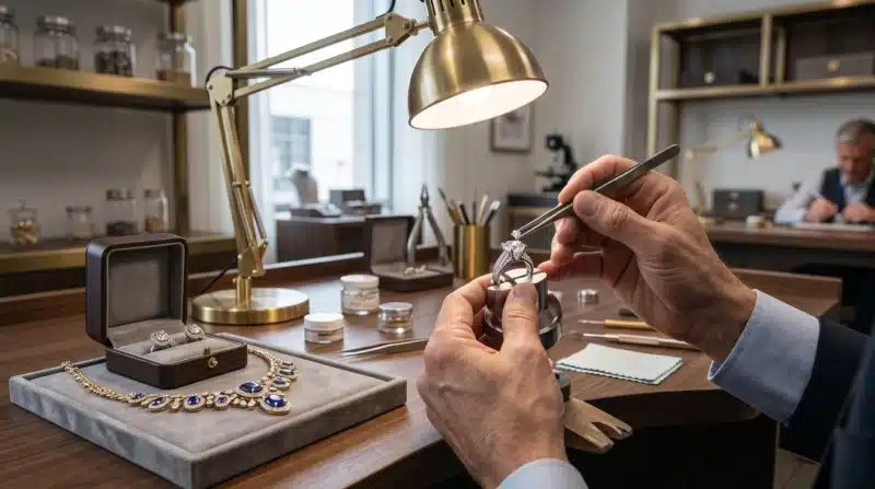 Jeweler carefully repairing a valuable diamond ring in a professional workshop, illustrating damage and employee handling risks covered by Jewelry Store Insurance.