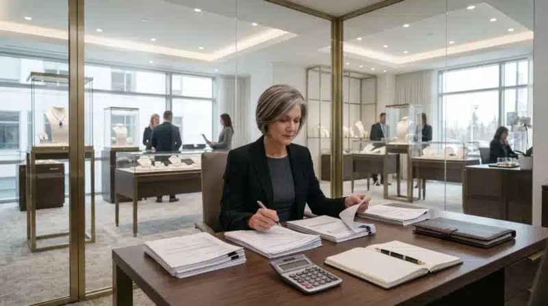 Jewelry store owner reviewing inventory values, sales records, claims information, shipping exposure, and other factors that can affect Jewelry Store Insurance costs.