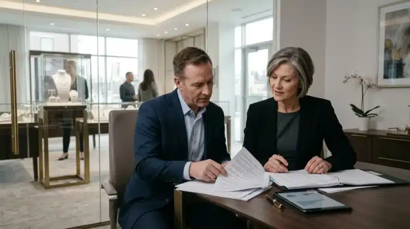 Jewelry store owner and insurance broker reviewing coverage documents and inventory values during a Jewelry Store Insurance consultation.