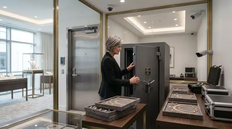 Secure jewelry stockroom featuring a UL-rated safe, surveillance cameras, alarm system, and reinforced display cases used to reduce risks considered in Jewelry Store Insurance.