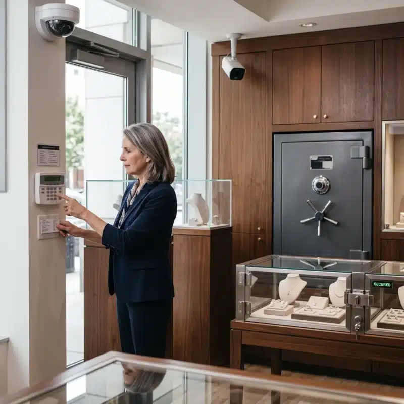 Secure jewelry business with a commercial safe, monitored alarm system, security cameras, and valuable inventory supporting Jewelers Block Insurance requirements.