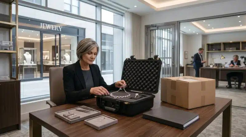 Jewelry employee preparing valuable diamonds and watches for secure transportation, illustrating transit, trade show, consignment, and repair exposures relevant to Jewelry Store Insurance.