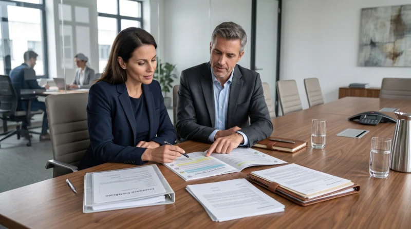 Marketing agency owner and client reviewing contract insurance requirements, including limits, additional insured status, indemnification, and other Insurance for Marketing Agencies considerations.