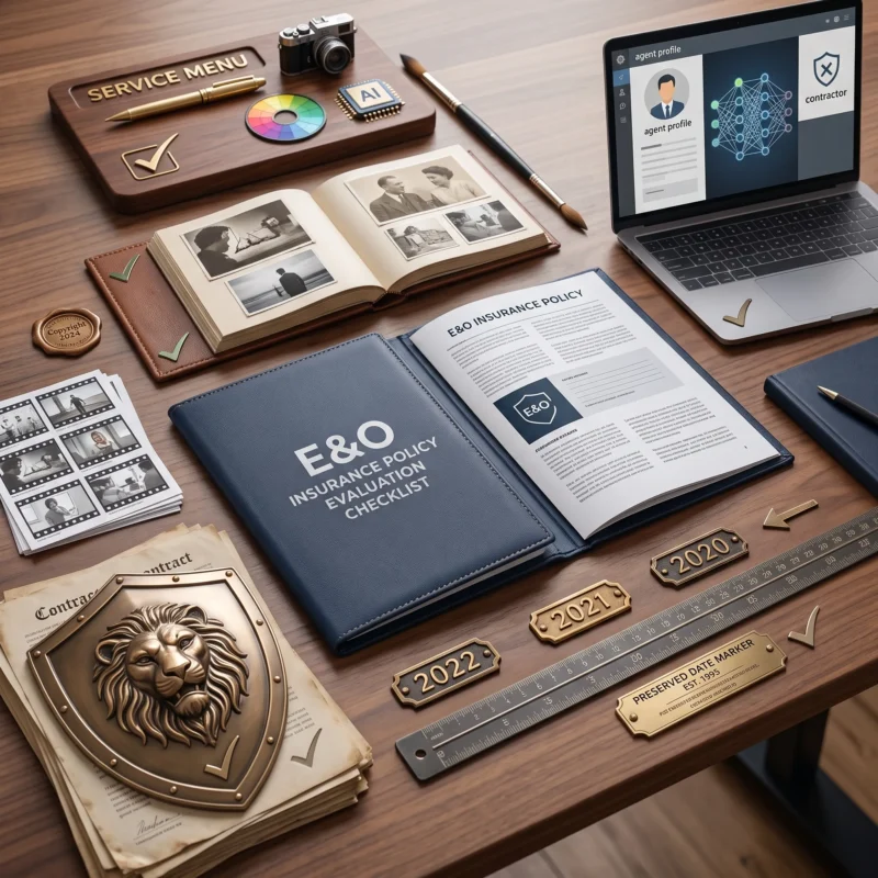 Visual checklist highlighting professional services, media liability, contractors, retroactive dates, and carrier strength when evaluating Insurance for Marketing Agencies.
