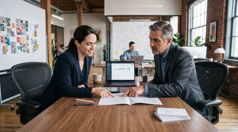 Marketing agency owner and insurance broker reviewing coverage options, policy documents, and risk exposures related to Insurance for Marketing Agencies.
