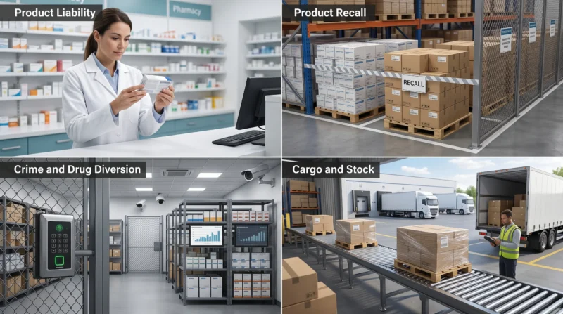 Pharmaceutical Distributor Insurance coverage concepts showing product liability, product recall, crime and diversion, and cargo and stock risks