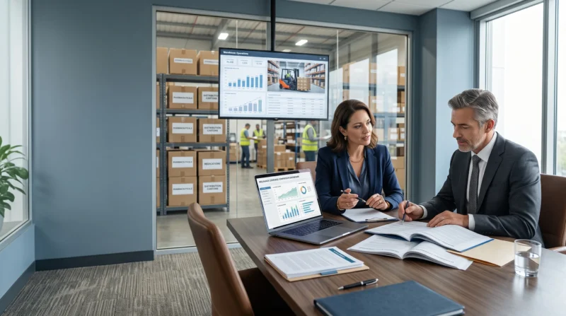 Pharmaceutical Distributor Insurance broker and pharmaceutical distributor business owner reviewing insurance policies and coverage options together