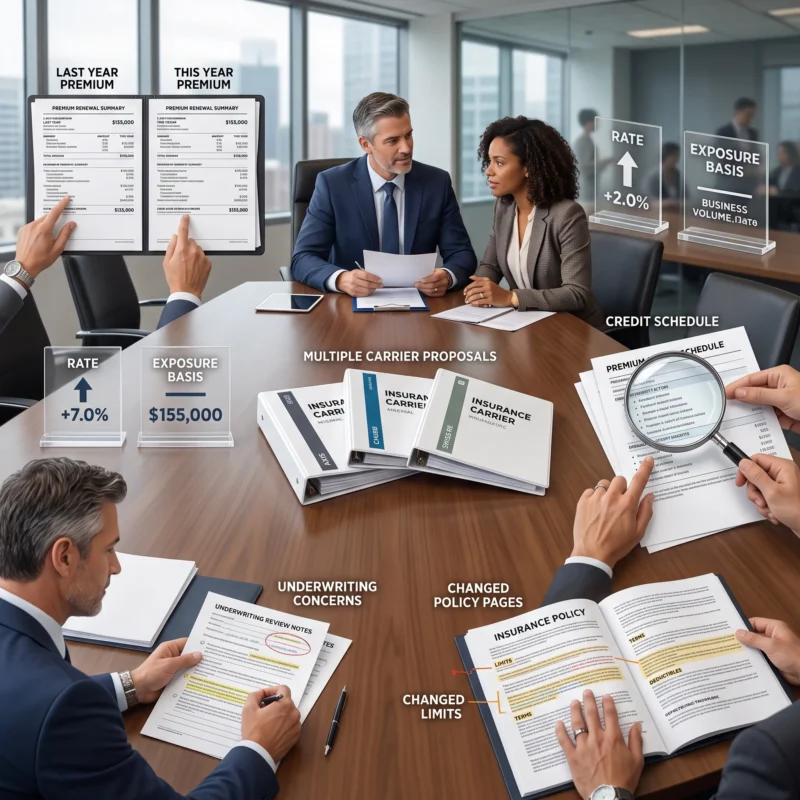 Infographic showing key questions business owners should ask their broker about premium increases, exposure, carriers, credits, underwriting concerns, and coverage changes. Why Is My Commercial Insurance Renewal So High