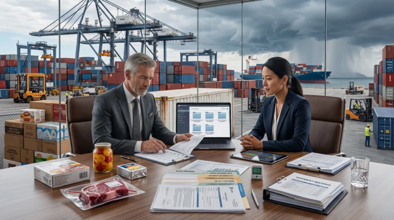 Business owner and insurance broker reviewing shipment volume, product risk, country of origin, claims history, and coverage limits that influence Food Importer Insurance premiums.