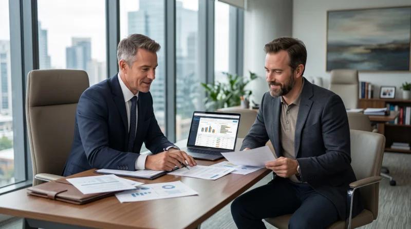 Insurance broker and gig economy platform business owner reviewing insurance policies and coverage options for Gig Economy Platform Insurance.