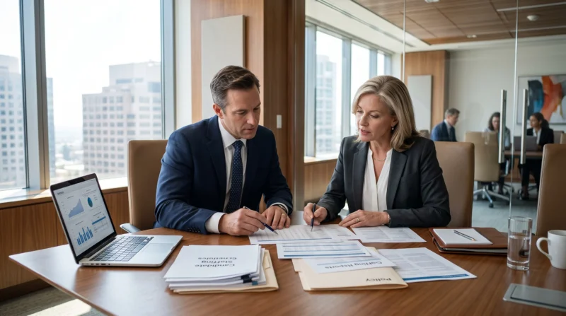 Staffing company owner and commercial insurance broker reviewing Insurance for Staffing Companies policies and coverage options