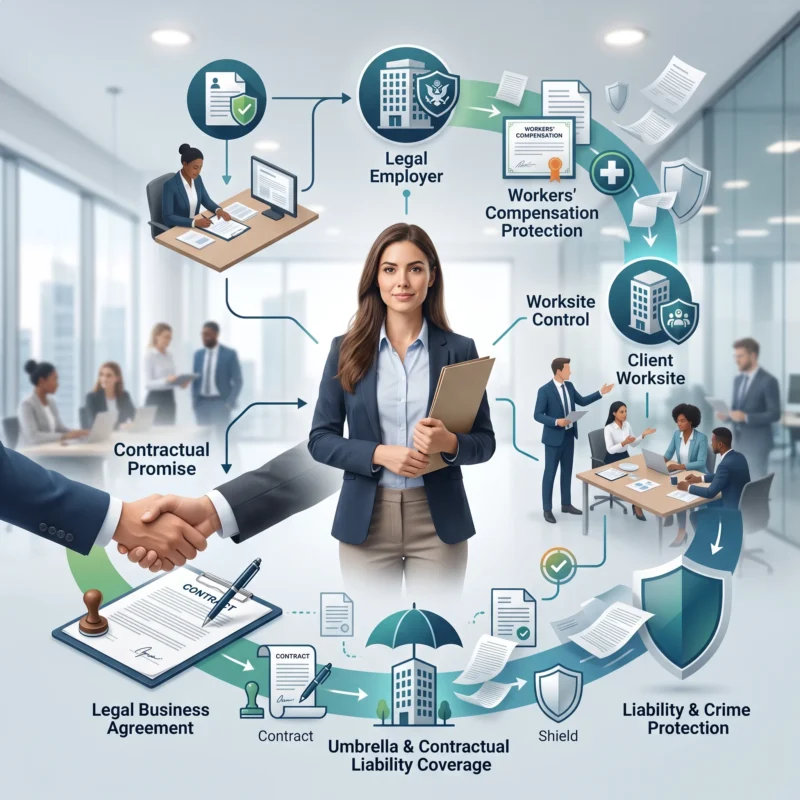 Infographic showing how legal employer, worksite control, and client contract requirements determine Insurance for Staffing Companies coverage