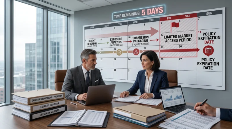 Business owner and insurance broker reviewing limited time before expiration after an Insurance Company Not Renewing My Business Policy is received