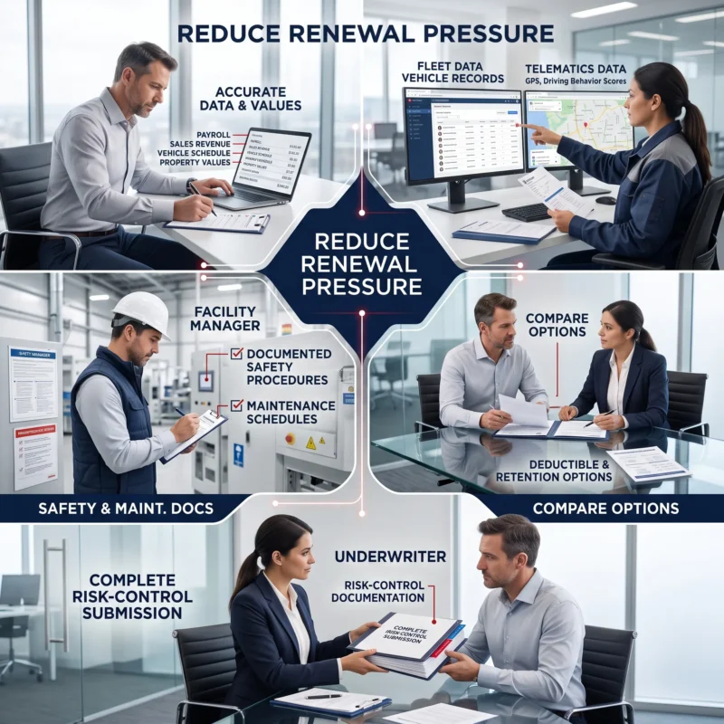 Infographic showing risk management strategies including correcting exposure numbers, documenting safety controls, adjusting deductibles, improving insurance submissions, and recovering lost credits. Why Is My Commercial Insurance Renewal So High