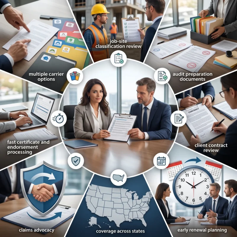 Staffing company owner and insurance broker reviewing carrier options, audits, contracts, claims, renewals, and multi-state Insurance for Staffing Companies coverage