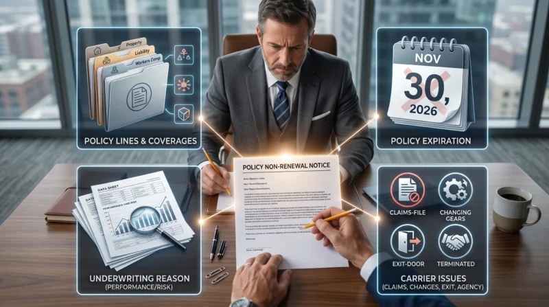 Commercial insurance broker reviewing expiration date, affected coverage lines, and stated reasons for an Insurance Company Not Renewing My Business Policy