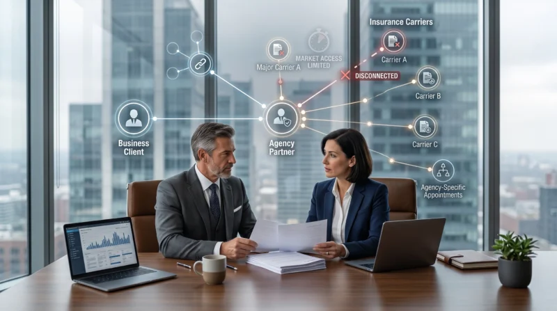 Business owner and insurance broker reviewing limited carrier options after an Insurance Company Not Renewing My Business Policy due to agency or carrier changes