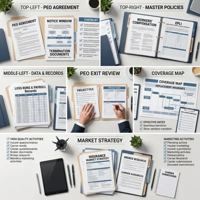 Checklist collage showing PEO agreements, master insurance policies, loss runs, replacement coverage, and market planning for Leaving a PEO.