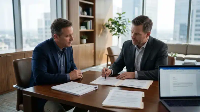 Business owner and commercial insurance broker reviewing policies and coverage options together while planning for Leaving a PEO.
