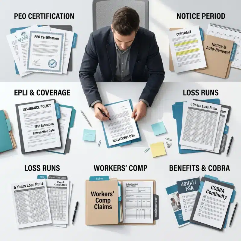Professional infographic showing important questions about insurance coverage, loss runs, claims, retirement assets, and benefits when Leaving a PEO.