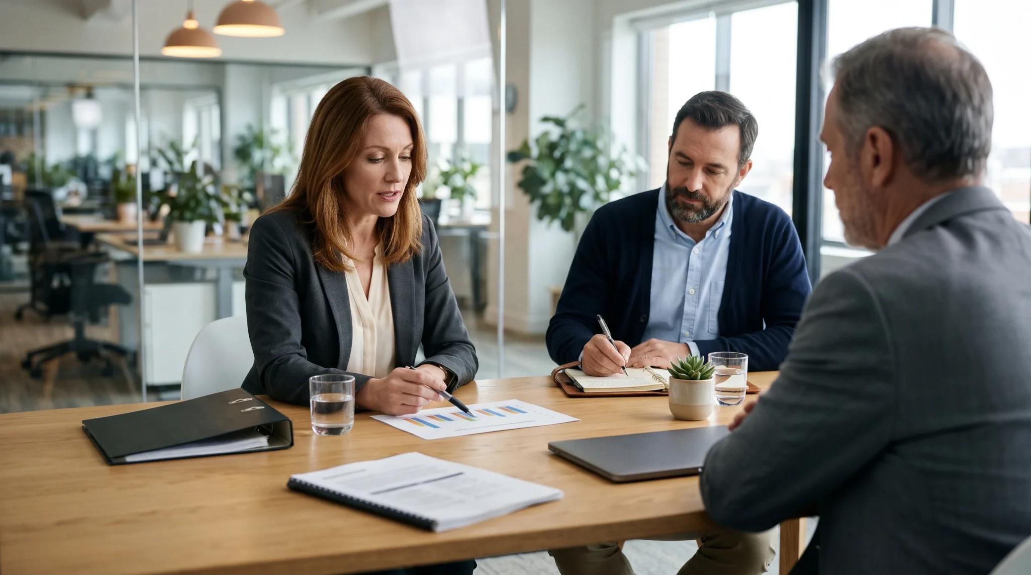 Who needs fiduciary liability insurance: a CFO, HR director and owner review their 401(k) plan's investment options in a committee meeting